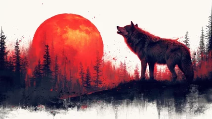   a painting of a wolf standing on a hill with a red sun in the background and trees in the foreground, and a red moon in the middle of the background. © Jevjenijs