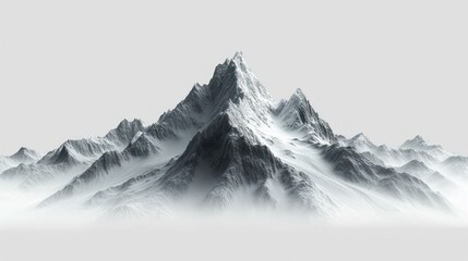  a black and white photo of a mountain range with snow on the top and fog on the bottom of the mountain, in the middle of the picture is a foggy sky. - obrazy, fototapety, plakaty