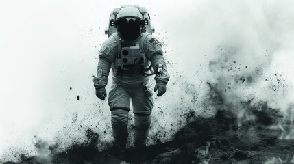  a black and white photo of a man in a space suit walking through a cloud of smoke on a black and white photo of a man in a space suit.