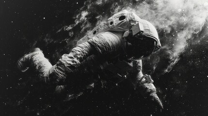 Fototapeta na wymiar a black and white photo of an astronaut floating in space with smoke coming out of the back of the astronaut's body and the space behind him is a black and white background.