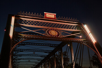 Twilight Illuminated Wells Street Bridge, Architectural Elegance Upward View