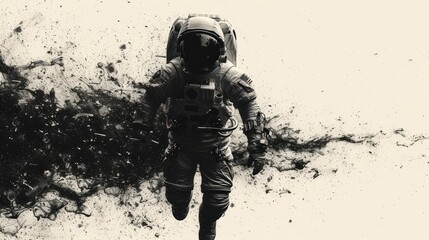  a black and white photo of a man in a space suit with a helmet on and a lot of smoke coming out of the back of the man's face.