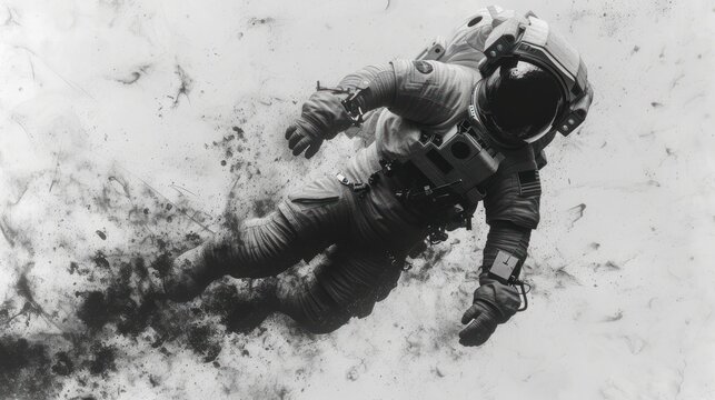 a black and white photo of a man in a space suit floating in the air with a cigarette in his mouth and a cigarette in his mouth in his mouth.