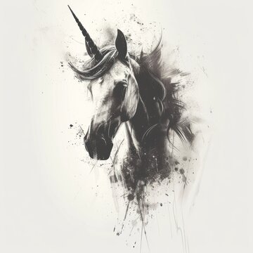  a black and white photo of a horse's head with a horn on it's head, with paint splatters all over the horse's face.