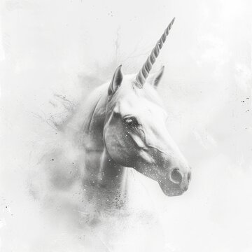  a black and white photo of a unicorn's head with a long horn and a sprinkle of smoke coming out of its mouth, against a white background.
