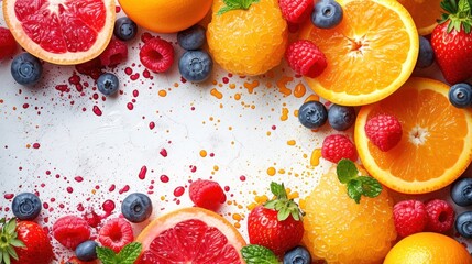  oranges, raspberries, blueberries, and strawberries are arranged in a circle on a white surface with sprinkles of paint and sprinkles.