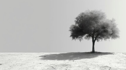  a black and white photo of a lone tree in the middle of a barren area with snow on the ground and a gray sky above it is a black and white background.