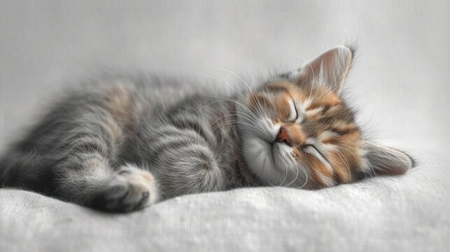  a small kitten sleeping on top of a white blanket on top of a bed with it's head resting on the side of the edge of the bed and it's head.
