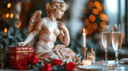  a statue of an angel sitting on top of a table next to a glass of wine and a box with a box of chocolates in front of red roses.