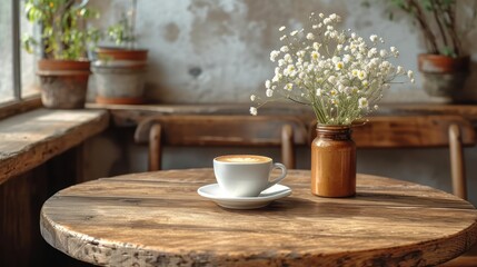  a cup of coffee sitting on top of a wooden table next to a vase filled with baby's breath flowers on top of a wooden table next to a window sill. - obrazy, fototapety, plakaty