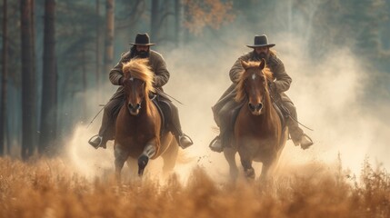  a couple of men riding on the backs of brown horses in a field of tall grass with tall trees in the backgrouds of the backgroud. - obrazy, fototapety, plakaty