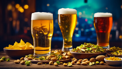 glasses with light beer, various snacks on the table cool