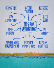 tips for wellbeing - infographics or mind map sketch on art paper, healthy lifestyle concept