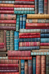 Arranged stack of books with their spines facing out, creating a colorful and unique pattern.