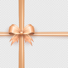 Template of beige realistic 3d bow knot with crossed ribbon on transparent background. Cute pastel three dimensional criss cross tied gift bow with silk tape  for present wrapping or greeting postcard