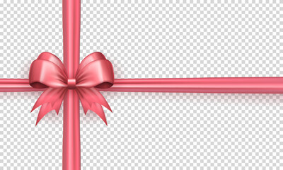 Realistic 3d cute pink bow with horizontal and vertical silk ribbon isolated on transparent background. Three dimensional satin bow with crossed tapes as gift wrapping element or present decoration