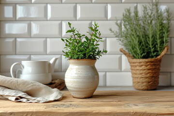 Stylish white kitchen background with kitchen utensils and green houseplants standing on white countertop.