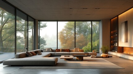 a modern living room has several large windows and a sofa