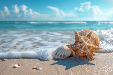 Fototapeta na wymiar Summer sandy beach with shells on a blur ocean on background.