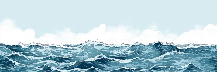 Minimal pen illustration sketch aqua & white drawing of an ocean