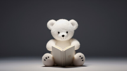 illustration of a white teddybear reading a book against gray background with copy space