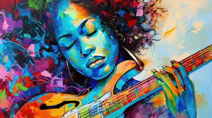 Abstract oil painting of a woman playing the electric guitar on colorful background - obrazy, fototapety, plakaty