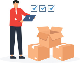 Checking inventory and QC, Quality control to assure product delivery concept, Businessman entrepreneur starting online business checking package before shipping concept,
