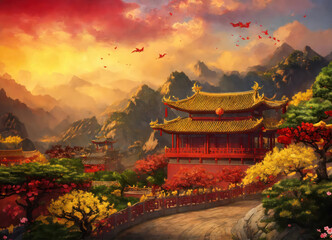 Bird's eye view of Chinese house mountain observation deck, China