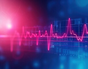 Abstract graphic visual of Heartbeat pulse neon red line, EKG cardio line background. Generated AI - obrazy, fototapety, plakaty