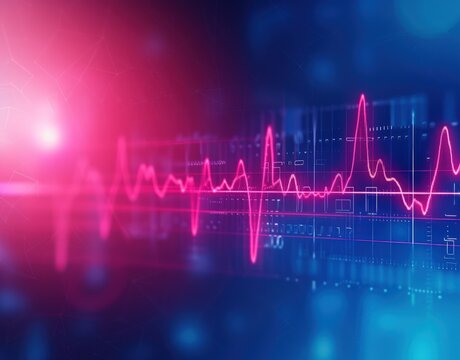 Abstract graphic visual of Heartbeat pulse neon red line, EKG cardio line background. Generated AI