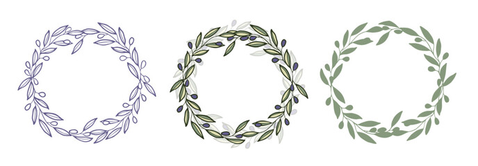 Circle wreath frame of olive branches and berries.