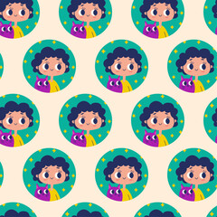 Vector children's seamless pattern with a little boy with a cute cat on a background of stars. Vector illustration in flat style.