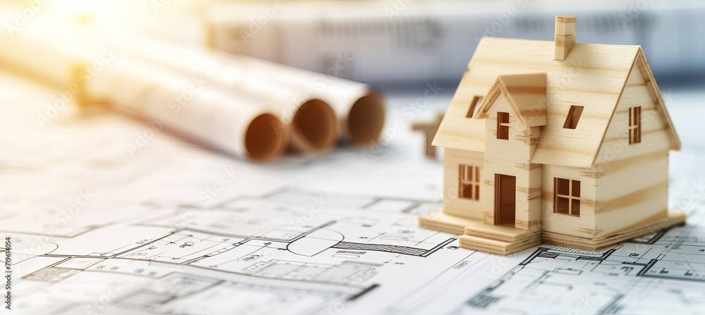 Poster wooden frame house model under construction on blueprints building project with text space