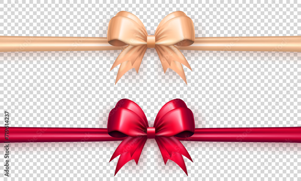 Poster set of three dimensional realistic red and beige bow knots with satin horizontal ribbon on transpare