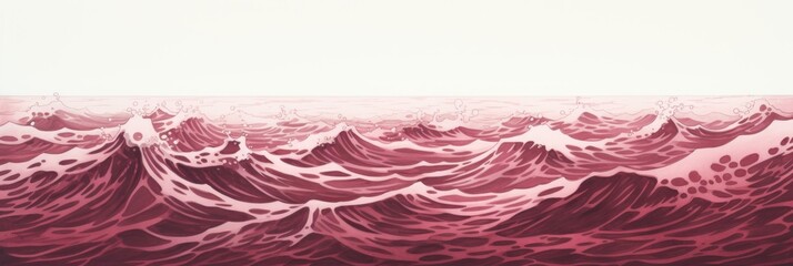 Minimal pen illustration sketch burgundy & white drawing of an ocean
