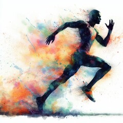 Silhouette of a sprinter running in full stride, abstract color background. - obrazy, fototapety, plakaty
