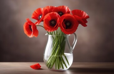 national Memorial Day, Valentine's Day, National Grandmothers Day, Mother's Day, International Women's Day, bouquet of red poppies in a glass vase on a wooden table
