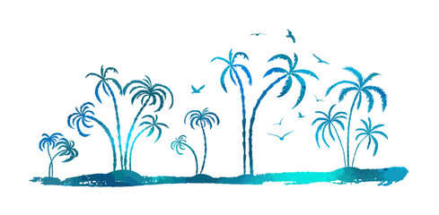 Silhouette of a blue palm tree on a white background with seagulls. hand drawing. Not AI. Vector illustration