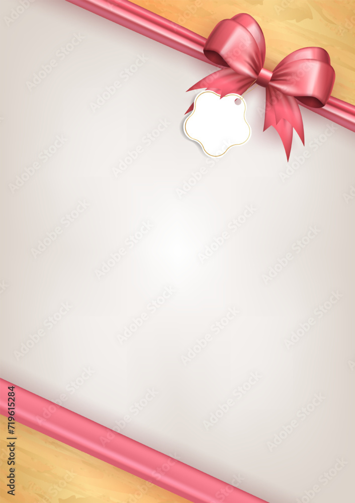 Wall mural template of vertical banner with pink bow ribbon and paper label tag in the corner as frame and copy