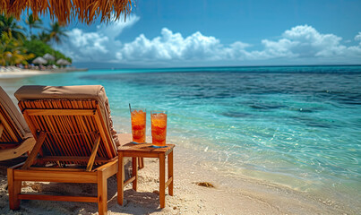 two beach chairs with cushions and parasol on a beautiful tropical beach in the tropics on a holiday island with 2 cocktails on a side table next to the beach chairs.