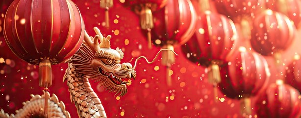 2024 Chinese new year, year of the dragon banner template design with dragons, clouds and flowers background. Chinese translation: Dragon. AI generated illustration