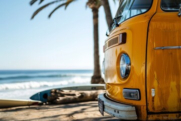 A yellow van with a surfboard parked at the beach