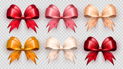 Collection of 6 3d realistic glossy bows isolated on transparent background. Red, pink, beige, white and golden gift ribbons as design element for greeting cards, present wrapping, celebration banner - obrazy, fototapety, plakaty