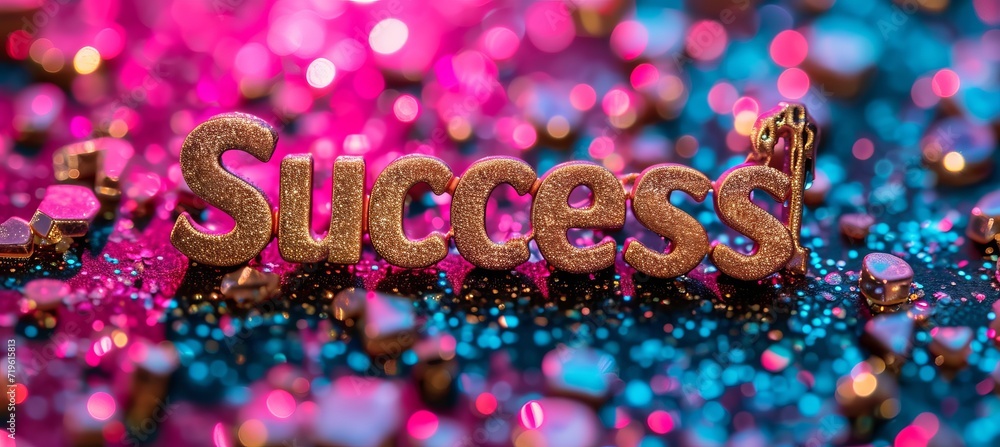 Poster magical bokeh sparkles background with golden text success for postcard design