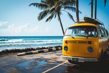 A yellow van with a surfboard parked at the beach - Powered by Adobe