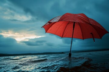 A red umbrella stands against a stormy sky, symbolizing savings and investment amidst financial turmoil - obrazy, fototapety, plakaty