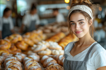 baker woman smiling in bakery shop, rustic bakery interior