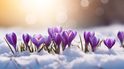 Purple crocus flowers bloom in spring breaking through the snow