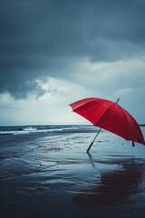 A red umbrella stands against a stormy sky, symbolizing savings and investment amidst financial turmoil