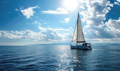 Obraz premium A sail yacht is navigating in the open ocean, with views of the sky and the horizon, in a sunny day